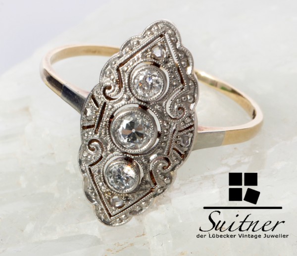 antiker Art Deco Ring Schiffchenring Diamant 585 Gold Platin Navette 58