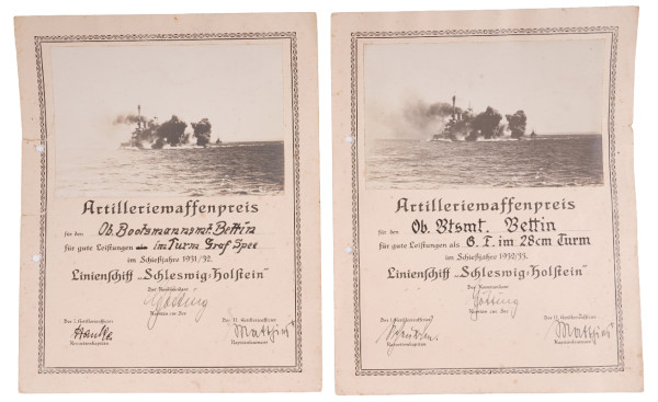 2 Urkunden Bettin Artilleriewaffenpreis 28cm Turm Graf Spee