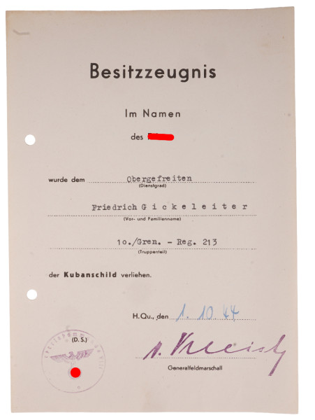 Besitzzeugnis Kubanschild Gickeleiter Gren.-Reg. 213