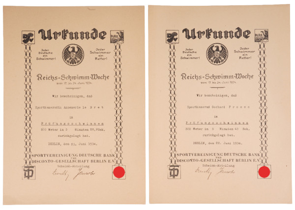 2 Urkunden Reichsschwimm-Woche 1934 Froese und Le Bret