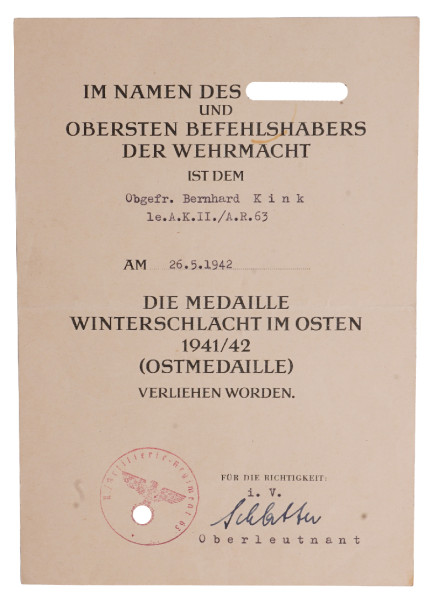 Urkunde Medaille Winterschlacht im Osten 1941/42 Kink A.R.63