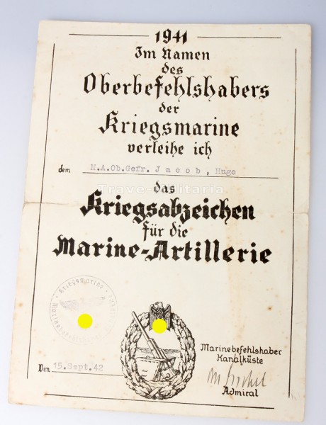 Urkunde Kriegsabzeichen für die Marine-Artillerie Jacob