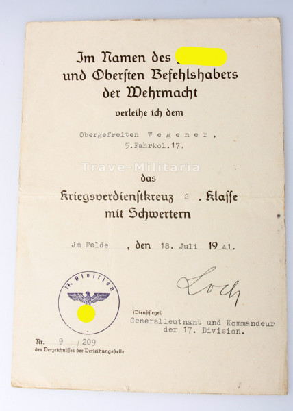 Urkunde Kriegsverdienstkreuz 2. Klasse mit Schwertern Fahrkol. 17