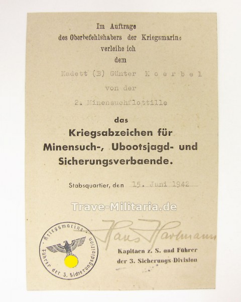 Urkunde eines Kadetten - 2. Minensuchflottille