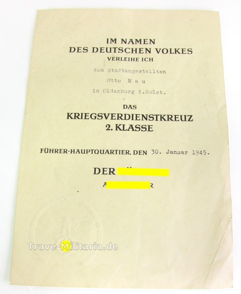 Urkunde zum Kriegsverdienstkreuz 2. Klasse DinA 5 von 1945