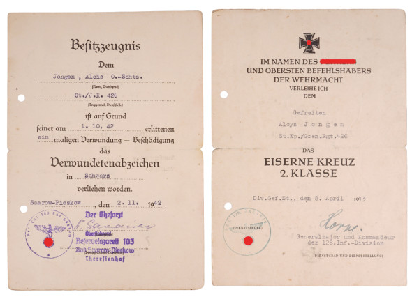 Urkundengruppe Jongen Gren. Rgt. 426 der 126. Inf. - Div.