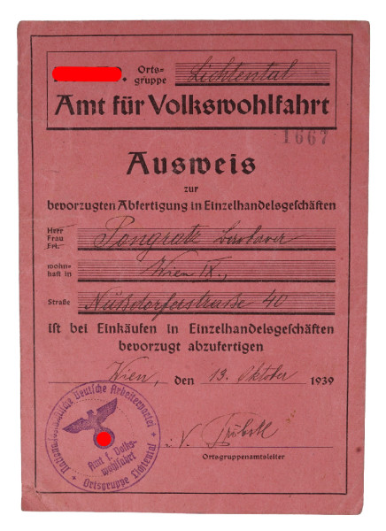 Ausweis Amt für Volkswohlfahrt Pangratz