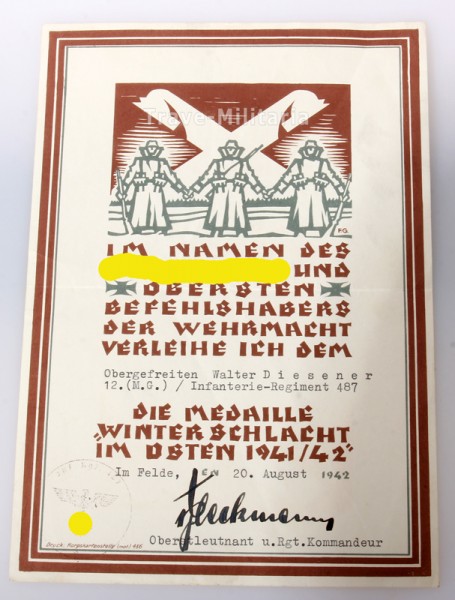 Schmuckurkunde Medaille Winterschlacht im Osten I.R. 487