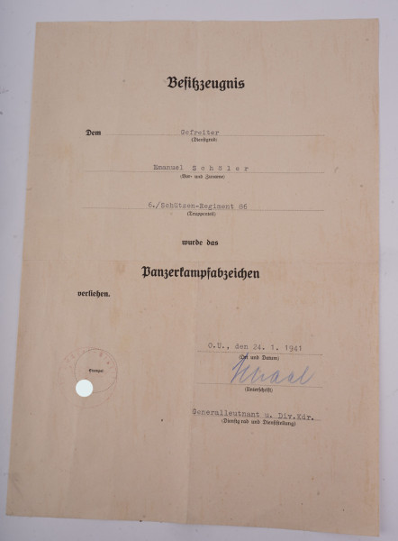 Besitzzeugnis Panzerkampfabzeichen Schäler Schützen-Regiment 86