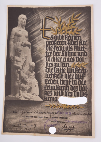 Urkunde zur Geburt des 2.Kindes Schammberger, Coburg