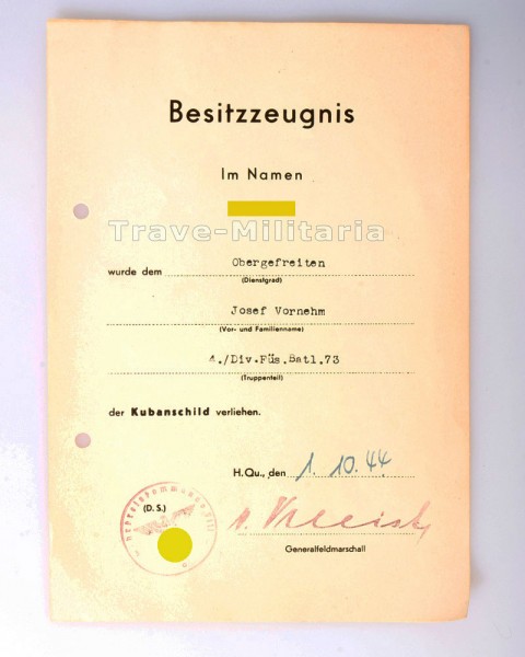 Urkunde zum Kubanschild