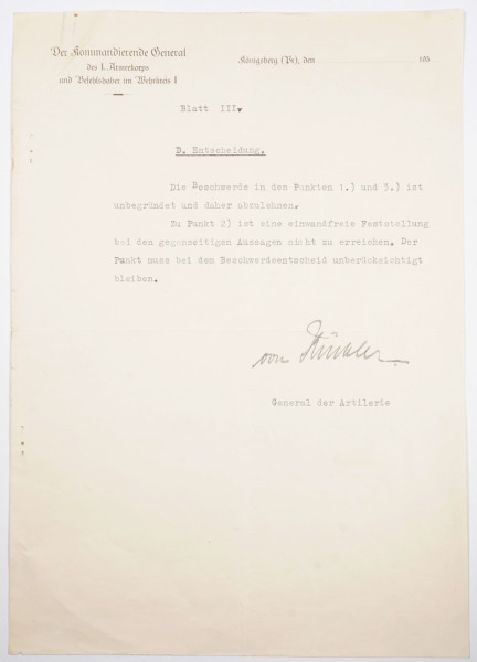 Entscheidung über Beschwerde General der Artillerie Georg von Küchler