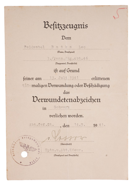 Besitzzeugnis Verwundetenabzeichen in Schwarz Batka Pz. Jäg. Abt. 46