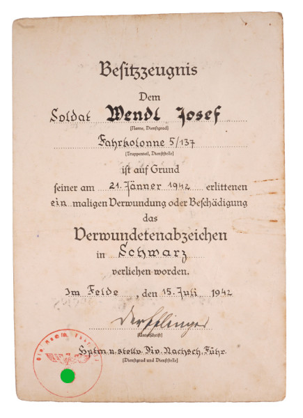 Besitzzeugnis Verwundetenabzeichen in Schwarz Wendl Fahrkolonne 5/137