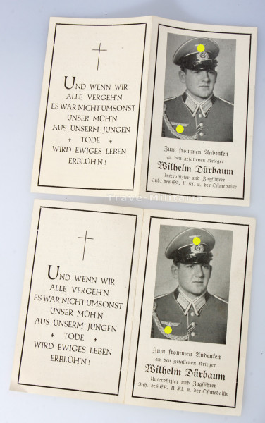 2 Sterbebildchen Wilhelm Dürbaum gefallen 10. August 1943