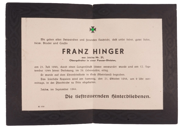 Todesanzeige als Feldpost Panzersoldat Hinger