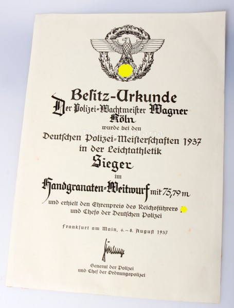 Urkunde Wagner Deutsche Polizei-Meisterschaften 1937 Handgranaten-Weitwurf