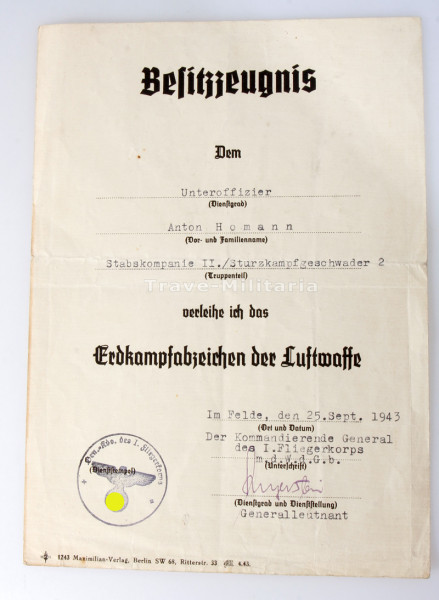 Besitzzeugnis Erdkampfabzeichen der Luftwaffe Homann Sturzkampfgeschwader 2