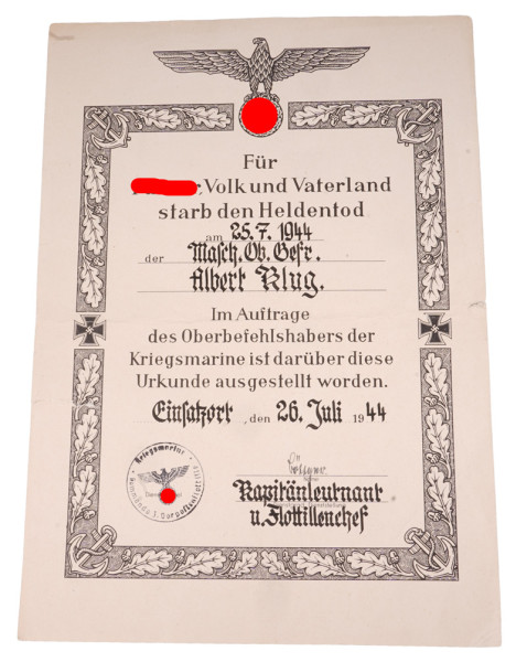 Kriegsmarine Heldentodurkunde Klug 3. Vorpostenflottille