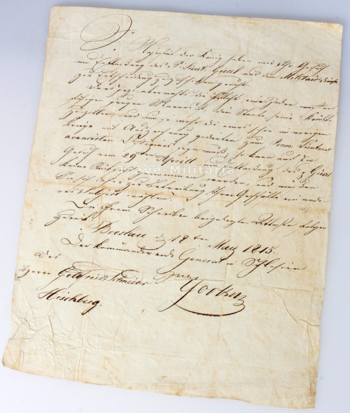 Brief 1815 General Graf Yorck zu Wartenberg