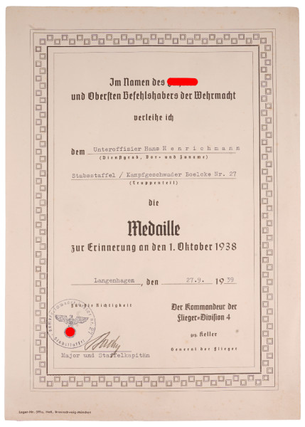 Urkunde Medaille zur Erinnerung an den 1. Oktober 1938 Kampfgeschwader Boelcke Nr. 27