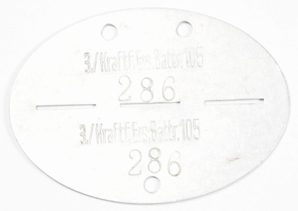 Erkennungsmarke 3./Kraftf. Ers. Battr. 105 286