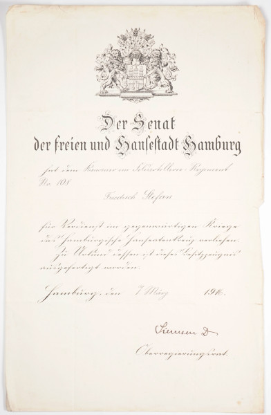 Urkunde Hamburgisches Hanseatenkreuz F.A.R. Nr.108 Stefan