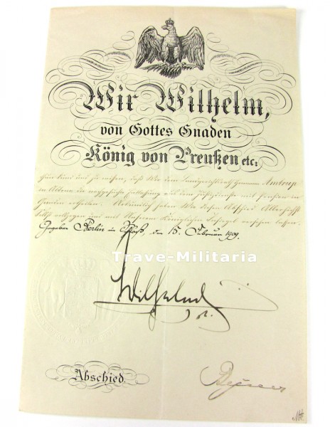 Abschiedsurkunde aus dem Justizdienst 1909 mit Wilhelm von Preußen-Unterschrift