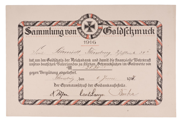 Urkunde Sammlung von Goldschmuck Schmidt Flensburg