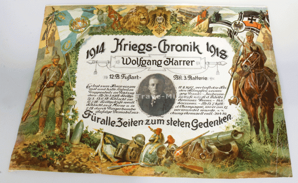 Urkunde Kriegschronik 1914-1918 Karrer 12.B.Fußart.Bat. 3.Batterie