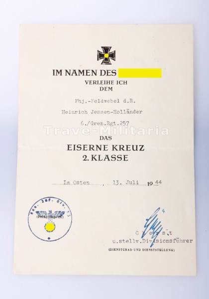 Verleihungsurkunde - Eisernes Kreuz 2.Klasse