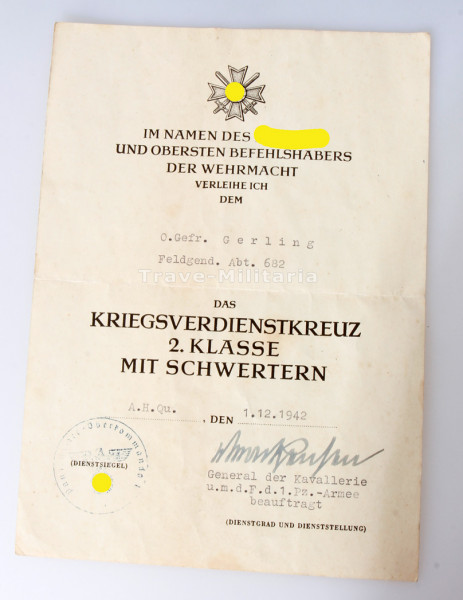 Urkunde Kriegsverdienstkreuz 2. Klasse mit Schwertern Gerling