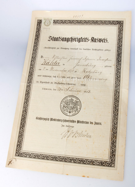 Staatsangehörigkeits- Ausweis Kähler Mecklenburg-Schwerin