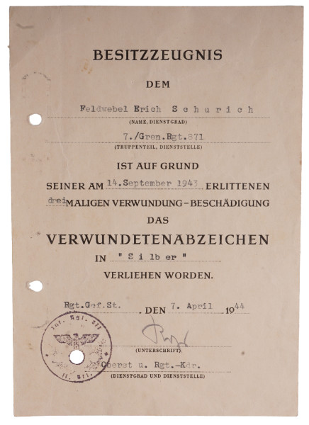Besitzzeugnis Verwundetenabzeichen in Silber Schurich G.R.871