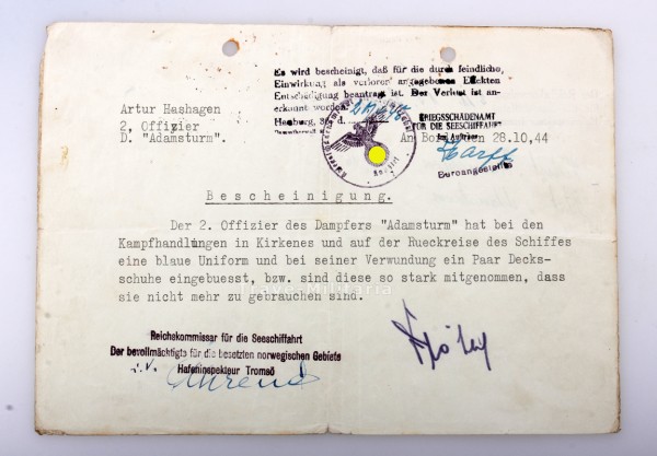 Bescheinigung Dampfer "Adamsturm" Kampfschäden 1944 in Kirkenes