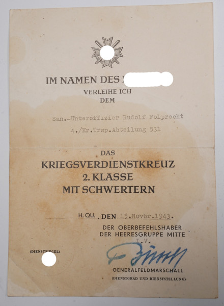 Urkunde Kriegsverdienstkreuz 2.Klasse mit Schwertern Folprecht