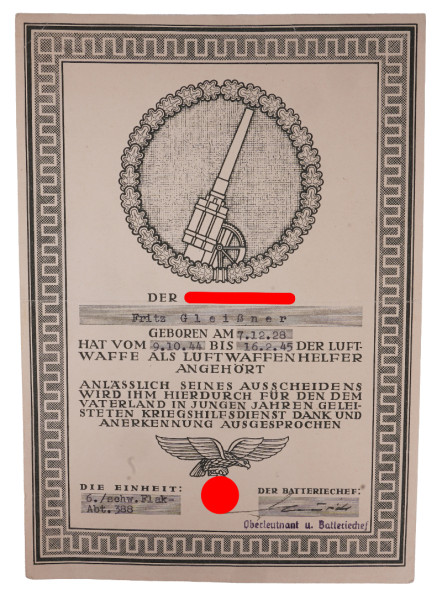 Hitlerjugend Anerkennungsurkunde für Luftwaffenhelfer Gleißner