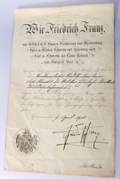 Mecklenburg-Schwerin Urkunde Militärverdienstkreuz 2. Klasse Leu Feldeisenbahn