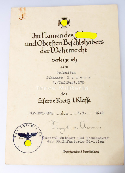 Urkunde Eisernes Kreuz 1. Klasse 1939 Kauerz Inf. Regt. 278