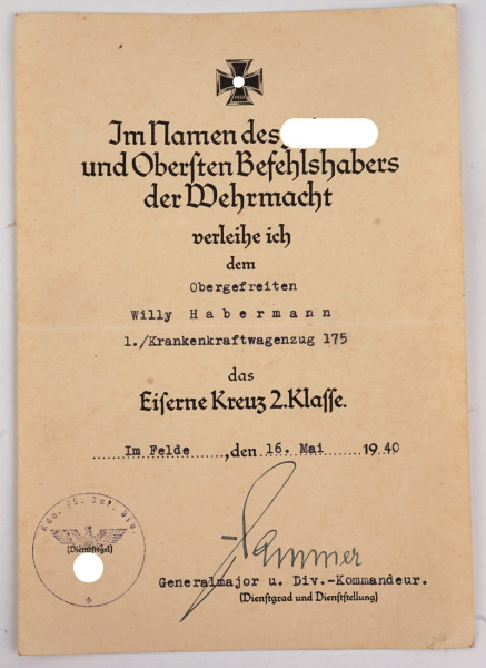 Urkunde Eisernes Kreuz 2.Klasse Habermann Krankenkraftwagenzug 175