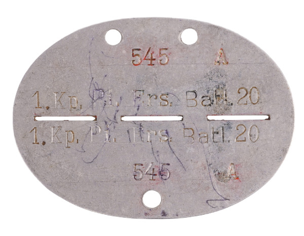 Erkennungsmarke 1. Kp. Pi. Ers. Batl. 20 545 A