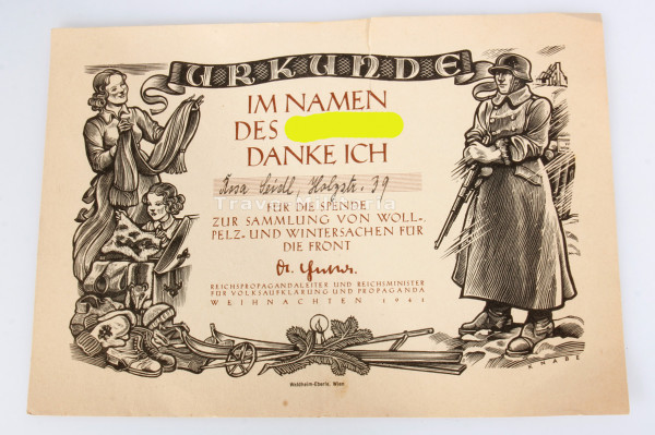 Spendenurkunde Seidl Sammlung von Woll-Pelz- und Wintersachen für die Front