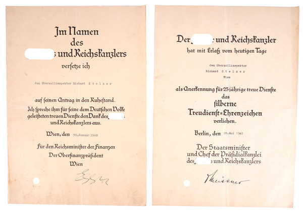 Urkundenpaar Stelzer Oberzollinspekteur Wien
