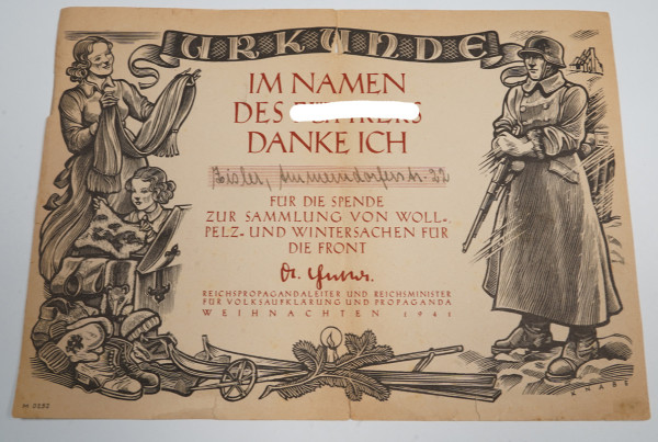 Urkunde Spende zur Sammlung von Woll- Pelz- und Wintersachen