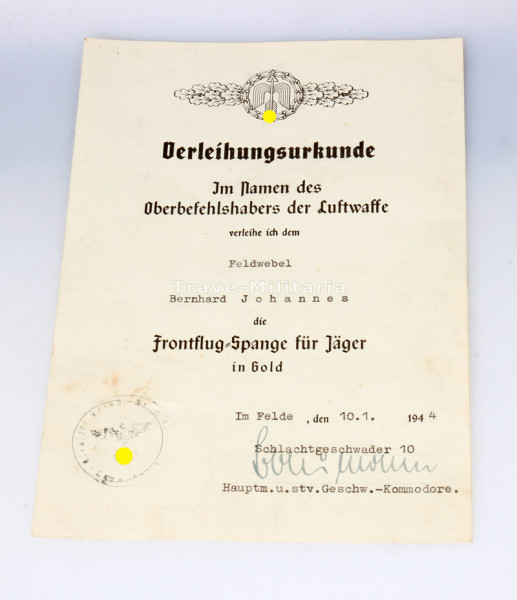 Urkunde Frontflug-Spange Ritterkreuzträger Bernhard Johannes