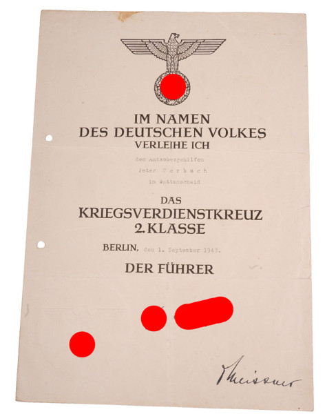 Urkunde Kriegsverdienstkreuz 2. Klasse Terbach Wattenscheid