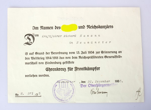 Urkunde Ehrenkreuz für Frontkämpfer Hamann Neumünster