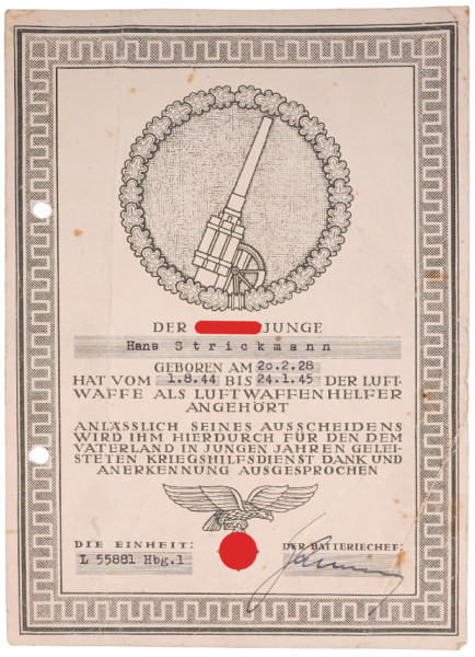 Anerkennungsurkunde Luftwaffenhelfer Strickmann lei. Flak-Abt. 772