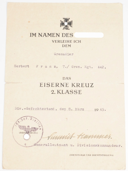 Urkunde Eisernes Kreuz 2.Klasse Franz Gren. Rgt. 442