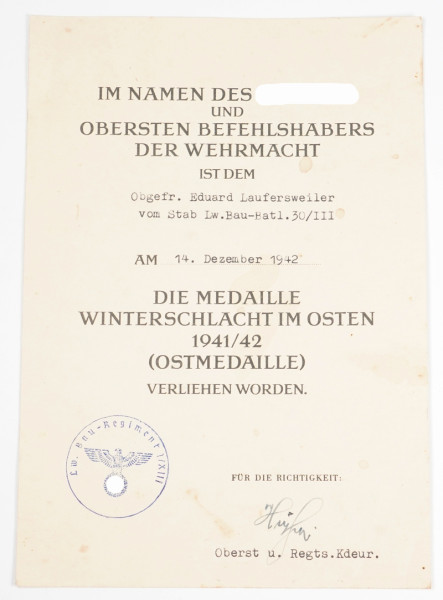 Urkunde Medaille Winterschlacht im Osten 1941/42 Stab Lw. Bau-Batl. 30/III